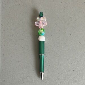 Green Beaded Pen with Pink Flower Accent